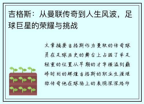 吉格斯：从曼联传奇到人生风波，足球巨星的荣耀与挑战