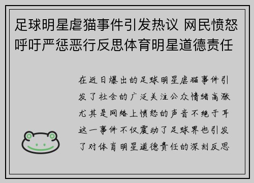 足球明星虐猫事件引发热议 网民愤怒呼吁严惩恶行反思体育明星道德责任