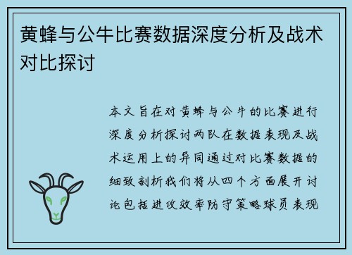 黄蜂与公牛比赛数据深度分析及战术对比探讨
